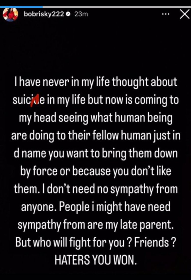 BOBRISKY CRYPTIC POST SUGGESTS SUICIDE AFTER HOUSE OF REPRESENTATIVES CALLS FOR THOROUGH INVESTIGATION INTO THE CASE.