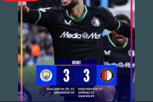 Manchester City Collapse as Feyenoord Stun with Late Comeback in 3-3 Thriller